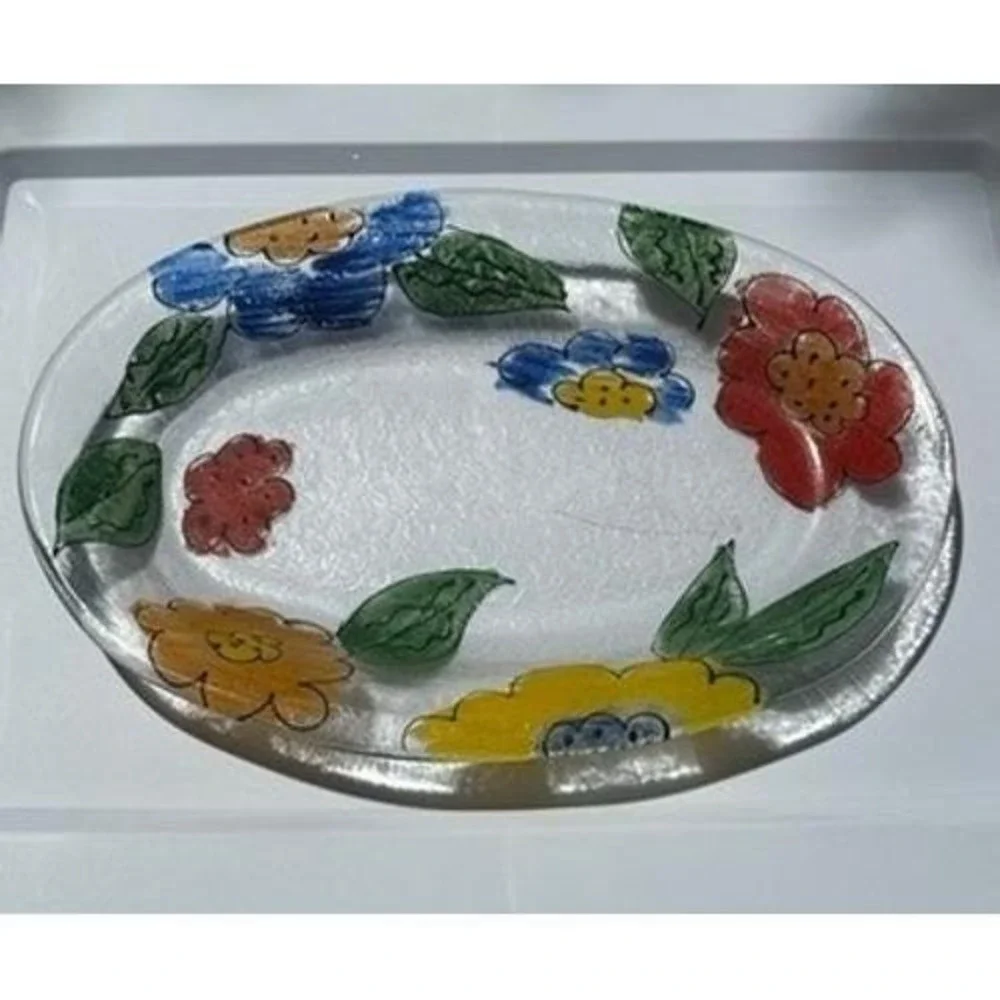 Retired Crate & Barrel Painted Floral Glass Platter Oval Serving Clear Glass 15